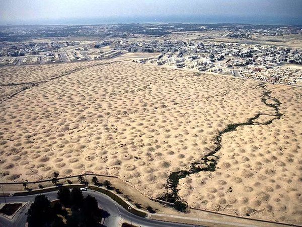 Vue aérienne d'un champ de tumuli à Bahreïn